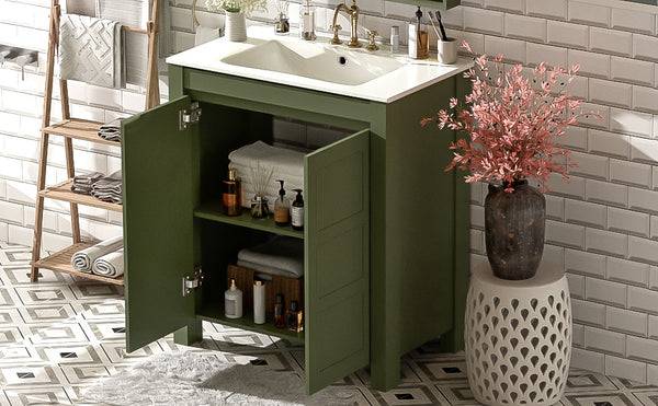 English Elm 30'' 30'' Farmhouse Bathroom Vanity Olive Green with Ceramic Sink, Adjustable Shelves, Soft-Close Doors, Rustic Wood Frame N729P290712F