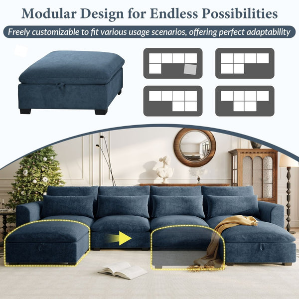English Elm U_style Modular U-shaped Sectional Sofa Six Seat Linen Fabric with Storage Ottomans Dark Blue WY000491AAC