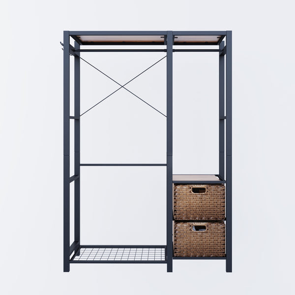 English Elm Acacia Wood Garment Rack with Shelves, 2 Wicker Drawers, 4 Hooks, Steel Frame, Rustic Organizing Solution W2391P289978