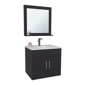English Elm Bathroom Black Wengue Vanity Sink & Mirror Set with 2 Doors, Open Shelf, Engineered Wood, 24" Wide B097P350325