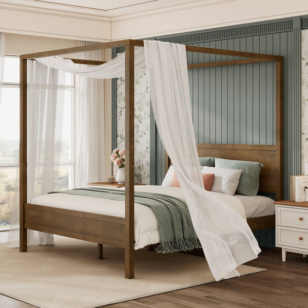 English Elm Christopher Knight Home® - Queen Solid Antique Oak Canopy Bed Frame with High-Density Slats, 800lb Support & 10" Storage Clearance N758Q877980N