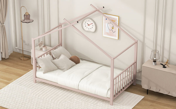 English Elm Twin Metal House Platform Bed with Slat Kit for Kids Sleepovers Sturdy Frame Elegant Silhouette 63.8"H Pink MF322835AAH