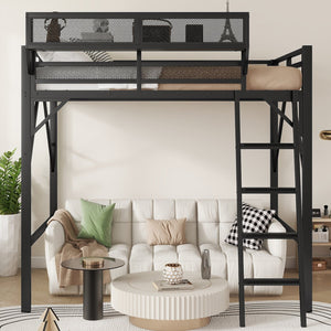 English Elm Full Size Loft Bed with Ladder & Built-In Shelves, Sturdy Metal High Loft for Kids Teens Black W2580P316646