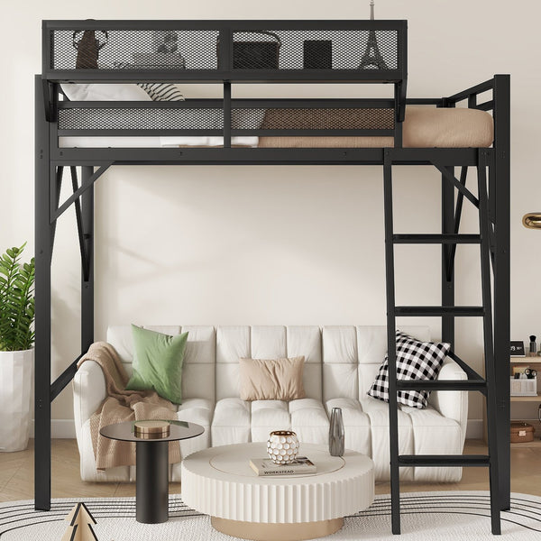 English Elm Full Size Loft Bed with Ladder & Built-In Shelves, Sturdy Metal High Loft for Kids Teens Black W2580P316646