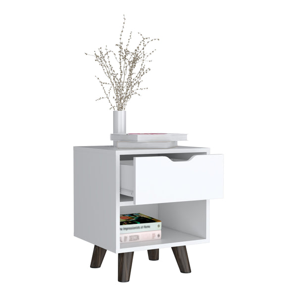 English Elm Crail Nightstand with Drawer & Open Shelf, White Engineered Wood, Wooden Legs, Modern Durable Design B200P188872
