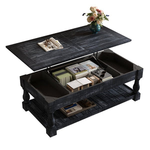 English Elm Farmhouse Lift Top Coffee Table Solid Wood Two Tier Hidden Storage Living Room W1445P412360