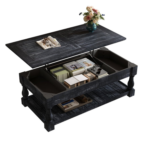 English Elm Farmhouse Lift Top Coffee Table Solid Wood Two Tier Hidden Storage Living Room W1445P412360