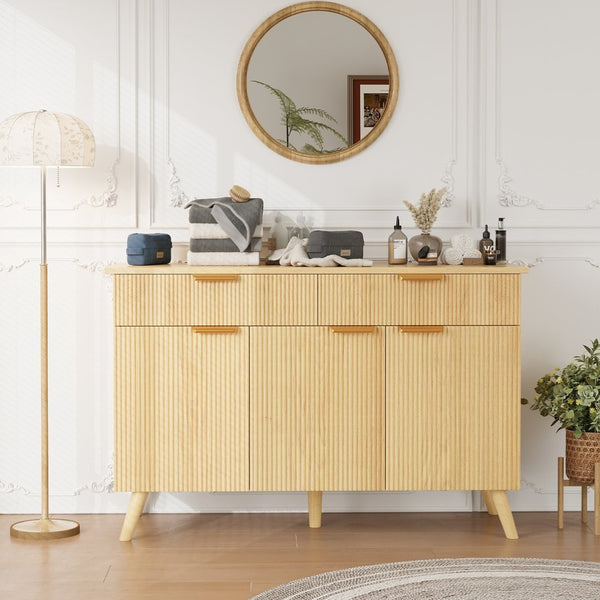 English Elm Sideboard Fluted Credenza with Three Drawers Two Doors Matte Black Modern Storage T3773P417337