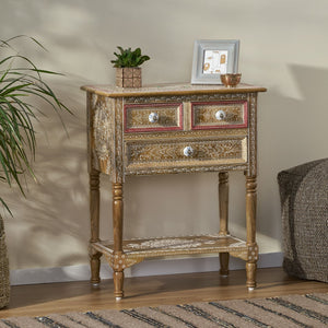 Christopher Knight Home® - Noble House - Sids Handcrafted Boho 3 Drawer Mango Wood End Table, Natural and Multi-Color