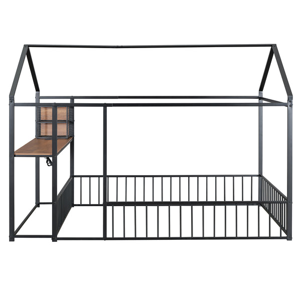 English Elm Full Size Metal House Bed Frame with Desk, Shelves, USB Power Ports & Playful Roof for Kids Room Delight Black N737P173491B