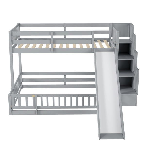 English Elm Twin Over Full Bunk Bed Solid Pine Frame with Built-in Slide and Storage Staircase Grey W504S00289