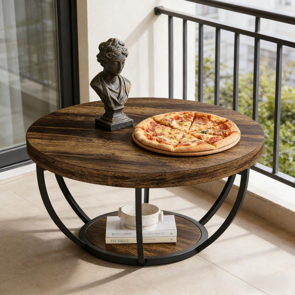 English Elm 2-tier Round Coffee Table Engineered Wood Top Arc Steel Legs Living Room Accent Rustic T3971P453343