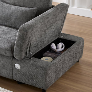 English Elm [video]107'' Chenille Sleeper Sectional with Usb Charging Storage Ottoman and Adjustable Armrest Gray N723S8782E