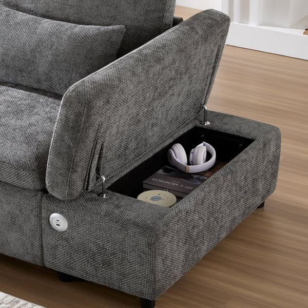 English Elm [video]107'' Chenille Sleeper Sectional with Usb Charging Storage Ottoman and Adjustable Armrest Gray N723S8782E