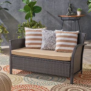 English Elm Christopher Knight Home® - ST LUCIA LOVESEAT Woven PE Rattan Outdoor Sofa with Waterproof Cushions, Rust‑Resistant Iron Frame, Cozy Seating Brown+Tan 62950.00BRN