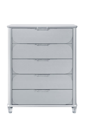 English Elm LAURA Solid Wood Chest with Spacious Drawers, Sleek Metallic Finish, Bun Feet & Acrylic Accent Legs Silver 40.87 L x 20.16 W x 50.16 H B201P294307