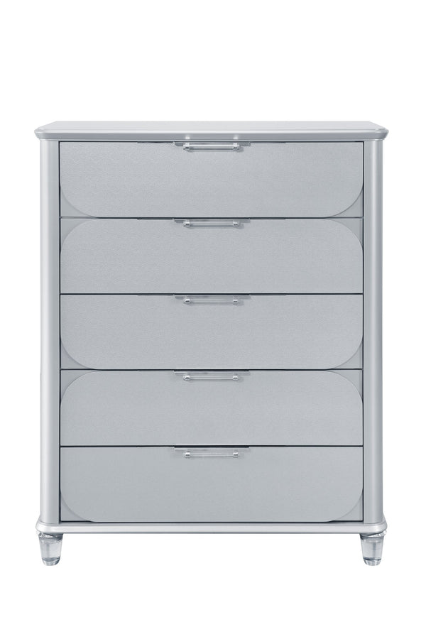 English Elm LAURA Solid Wood Chest with Spacious Drawers, Sleek Metallic Finish, Bun Feet & Acrylic Accent Legs Silver 40.87 L x 20.16 W x 50.16 H B201P294307
