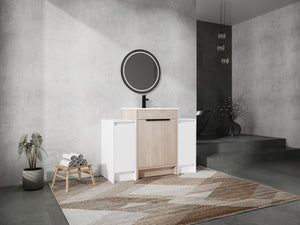 English Elm 48 Inch Freestanding Bathroom Vanity With Ceramic Sink, Adjustable Shelves & Soft-Close Doors W999S00312