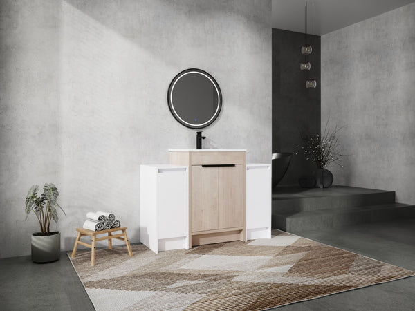 English Elm 48 Inch Freestanding Bathroom Vanity With Ceramic Sink, Adjustable Shelves & Soft-Close Doors W999S00312