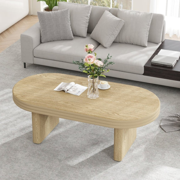English Elm Mid Century Modern Oval Fluted Coffee Table with Wood Veneer for Living Room Natural W757P370240