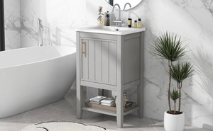 English Elm 20" Matte Freestanding Bathroom Vanity Rubberwood Cabinet Ceramic Sink Open Shelf Grey N725P391115E