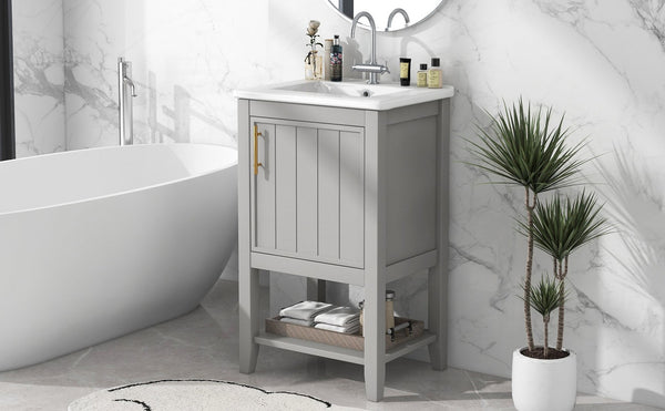 English Elm 20" Matte Freestanding Bathroom Vanity Rubberwood Cabinet Ceramic Sink Open Shelf Grey N725P391115E