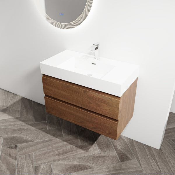English Elm 36" Wood Grain Bathroom Vanity with Thick Resin Sink, 2 Soft-Close Drawers, KD Eco Plywood Finish W999S00201