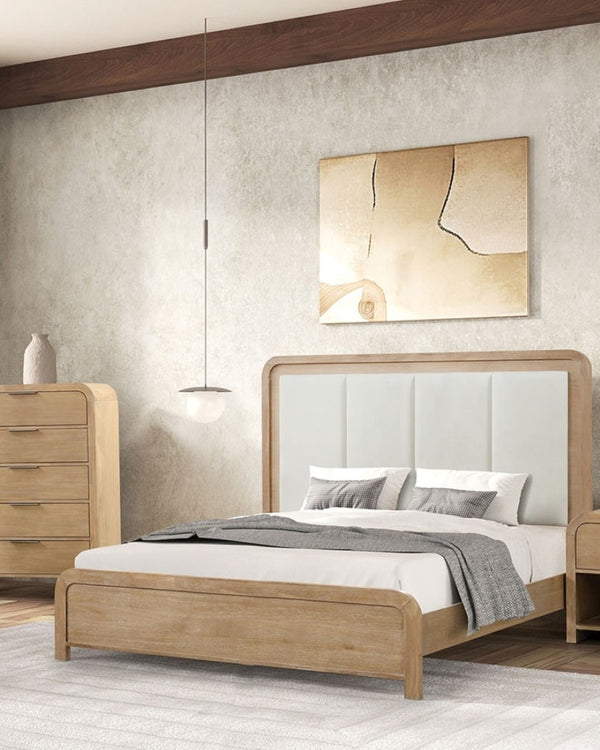 English Elm Queen Channel Tufted Upholstered Bed with Two Nightstands Natural Wood Bedroom Set B2741S00943