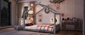 English Elm Twin House Frame Floor Bed Solid Pine Kids Room Montessori Low Profile Play Nook Gray W1580P387843