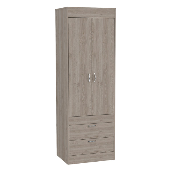 English Elm Armoire, Light Gray Double-Door Cabinet with Hanging Rod, Two Drawers, Compact FSC-Certified Storage B097P199731