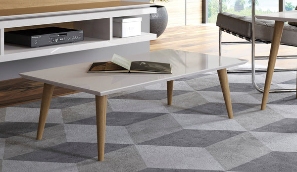 English Elm Utopia 40" Coffee Table with Lacquered Rectangular Top and Solid Wood Splayed Legs for Style and Durability Off White B365P398083