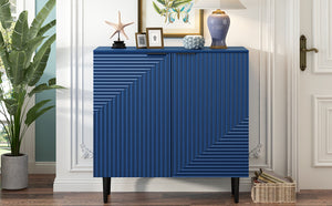 English Elm Mirod Lacquered Side Cabinet Geometric Door Panels Metal Legs Adjustable Interior Shelves Navy Blue N760P221050M