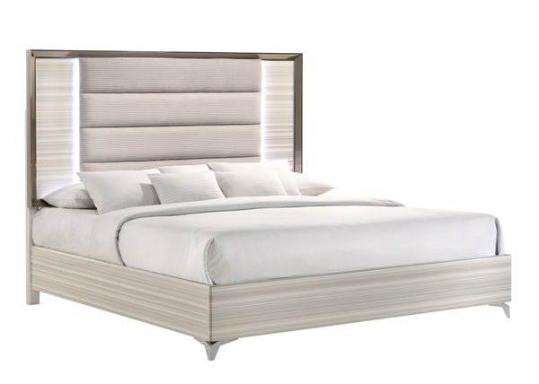 English Elm STAR White Solid Wood Bed with Upholstered Headboard, Built-In LED Lighting, Modern Design King B201S00086
