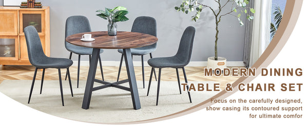 English Elm Table Set - 42" Modern Round Dining Table With 4 Dark Gray Linen Chairs & Sturdy Black Metal Legs W1151S03753-GIGA