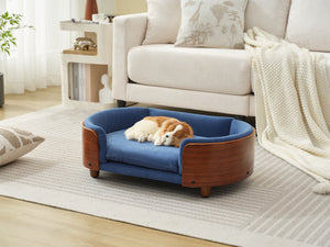 English Elm Scandinavian Elevated Pet Sofa Bed with Walnut Bent Wood Back, Velvet Stain-Resistant Fabric, Cozy Rest Dark Blue W794125923