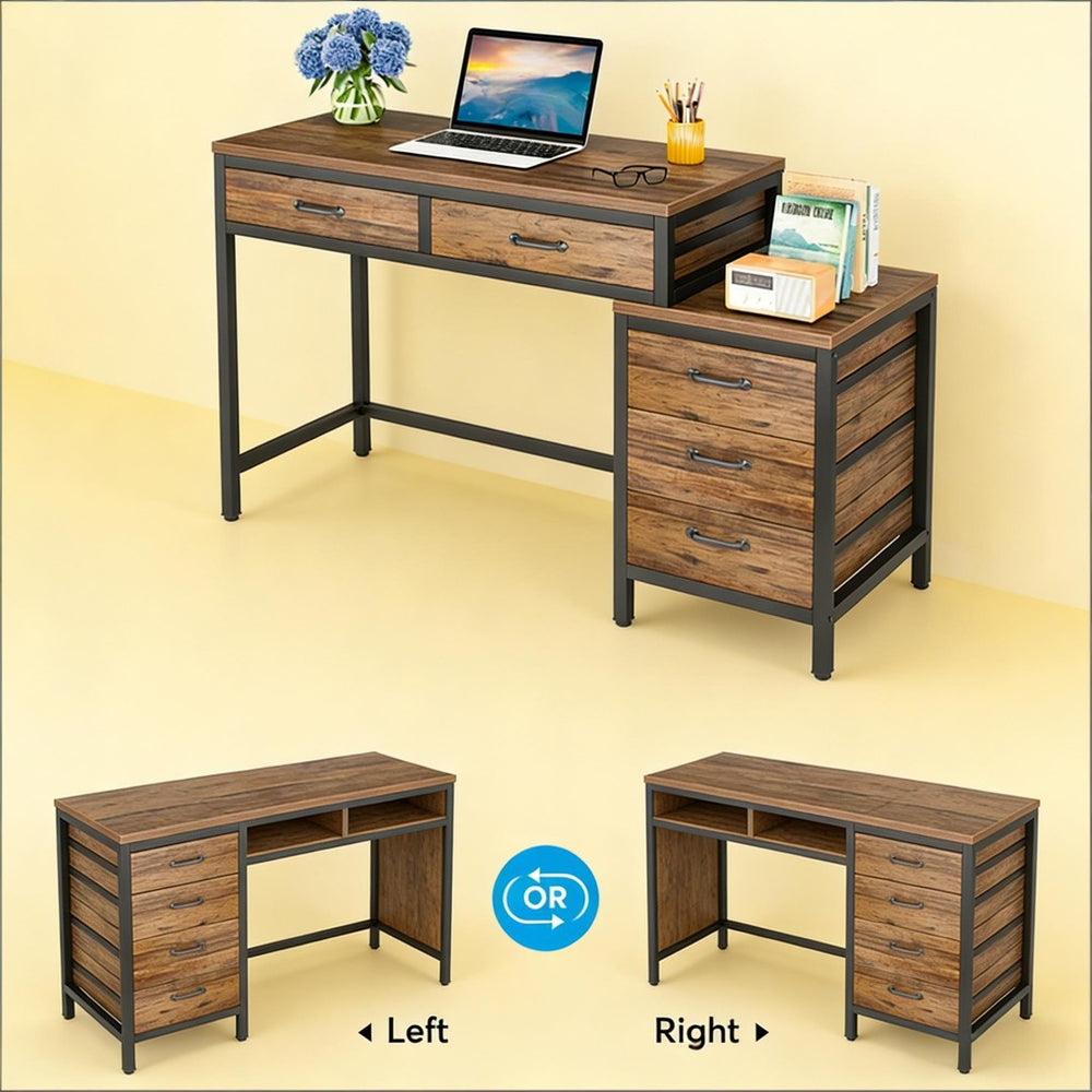 English Elm Industrial Writing Desk with File Cabinet Five Drawers Rustic Brown Home Office T3971P449902