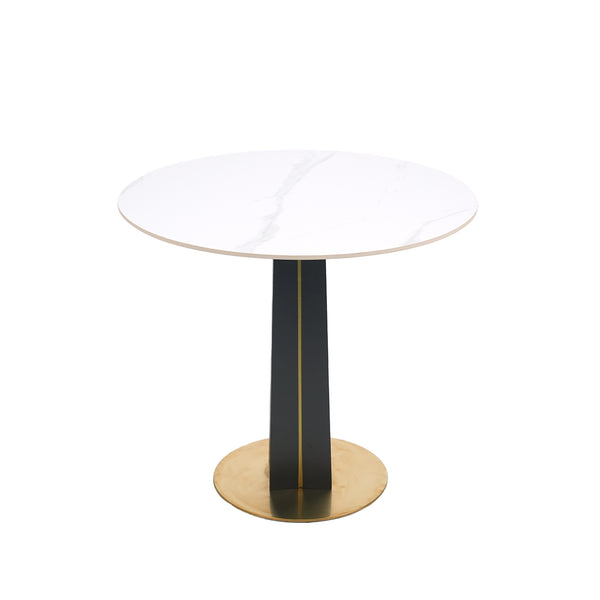 English Elm Modern Round Table - 85Cm White Sintered Stone Top With Black Wooden Legs & Gold Metal Base Design W1535S00590
