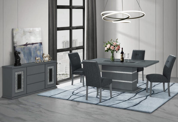 English Elm ARIYA Dark Grey Buffet – Contemporary Solid Wood & MDF Sideboard with High-Gloss Finish, Glass Inlay B201P305132