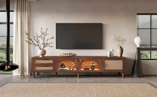 English Elm Rattan Door Media Console with Pine Legs Modern Farmhouse Tv Stand for Large Living Rooms N710P365042P