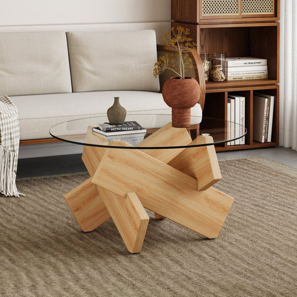 English Elm Circular Tempered Glass Round Coffee Table with Wood Tone Mdf Legs for Modern Living W1151P146792