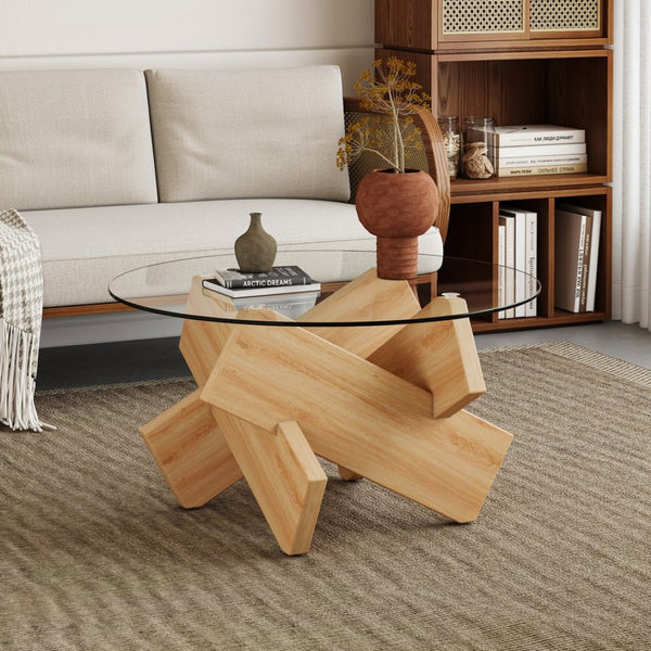 English Elm Circular Tempered Glass Round Coffee Table with Wood Tone Mdf Legs for Modern Living W1151P146792
