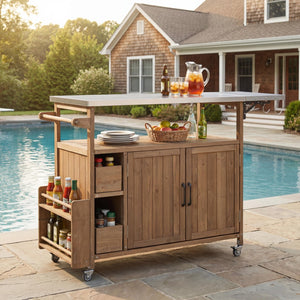 English Elm 54.33" Farmhouse Outdoor Kitchen Cart Solid Fir Frame Steel Top Storage Bbq Prep Natural N767P379702A