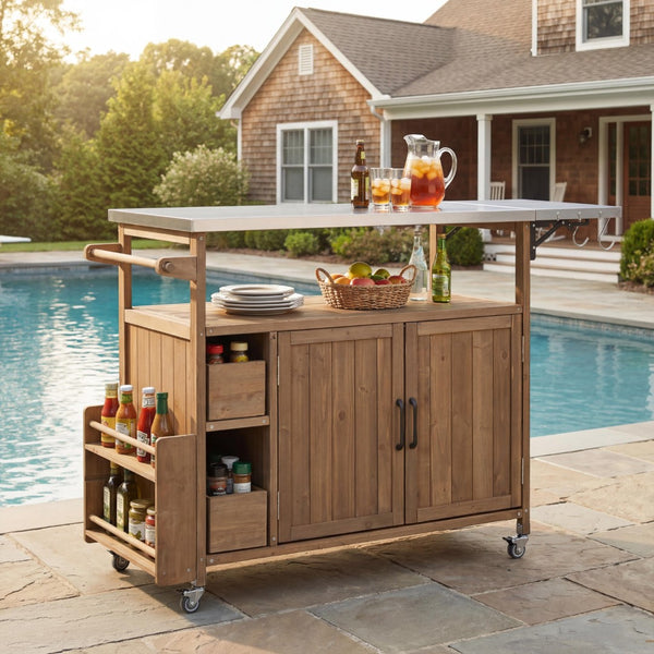 English Elm 54.33" Farmhouse Outdoor Kitchen Cart Solid Fir Frame Steel Top Storage Bbq Prep Natural N767P379702A