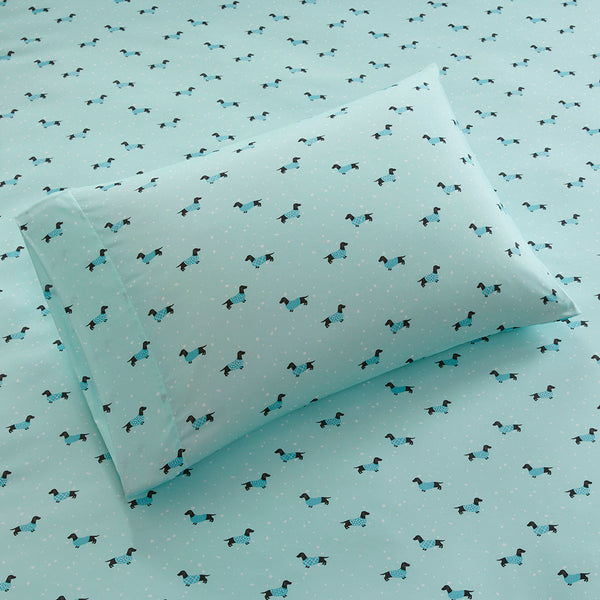 JLA Home Intelligent Design - Print Microfiber Sheet Set — Ultra-Soft OEKO-TEX Certified, Novelty Print Bedding, Wrinkle-Resistant Comfort Aqua Dogs ID20-1440