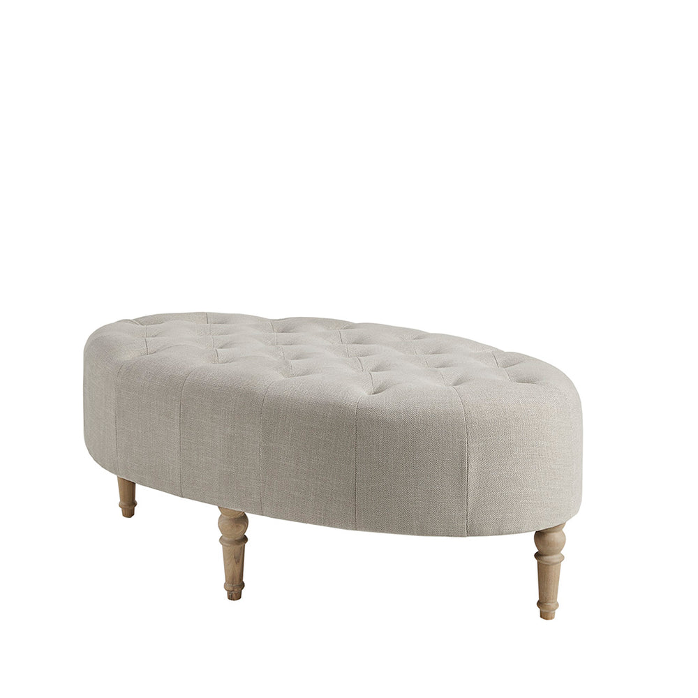 JLA Home Martha Stewart - Accent Oval Clara Ottoman — Linen-Hued Button-Tufted Farmhouse Footrest with Reclaimed Wood Legs, Versatile Decor MT101-0011