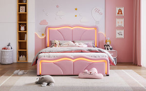 English Elm Full Full Size Upholstered Platform Bed in Pink with Curved Headboard, 3-Height Adjust, LED Strips, Sturdy Frame WF323749AAH