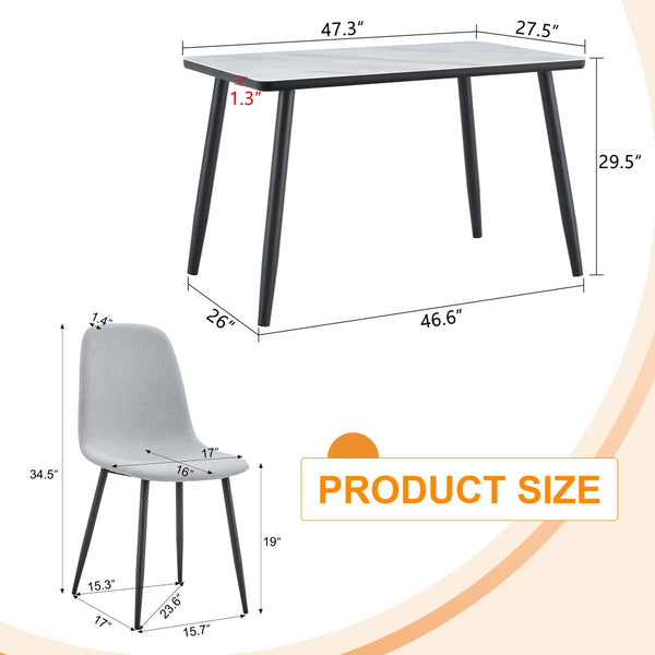 English Elm Table and Chair Set Modern Marble Glass Top with Gray Linen Seats for Dining Room W1151S04657