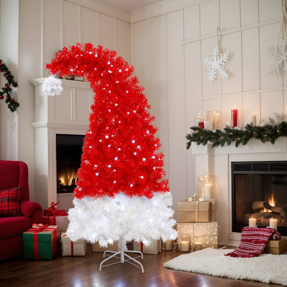 English Elm 6FT LED Santa Hat Christmas Tree, 1050 Tips Red & White PET Curved Design, 300 White Lights, UV Resistant Indoor PX283442AAF