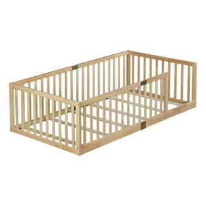English Elm Twin House Frame Floor Bed Rubberwood with Roof Canopy and Safety Rails for Kids Natural W504P429531