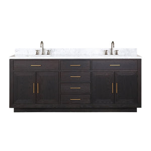 English Elm Black Oak Double Bath Vanity 80" W x 22" D with Carrara Marble Top, Chrome Gooseneck Faucets, Soft-Close cabinetry B2731P260864